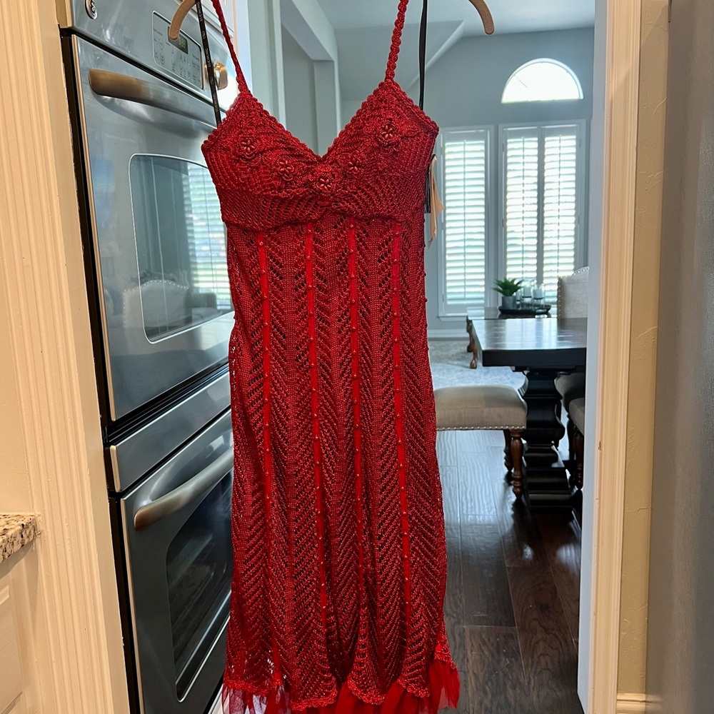 Sue Wong crocheted red midi dress with spaghetti straps and intricate beading